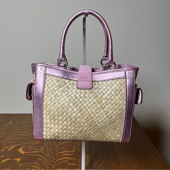 Coach Pink and Tan Woven Satchel - Picture 2 of 12
